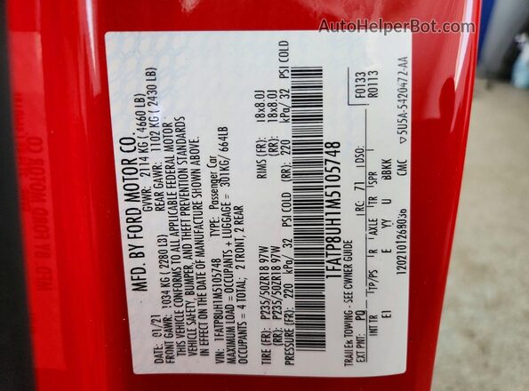 1FATP8UH1M5105748 2021 FORD MUSTANG Red Widok naklejki z numerem VIN