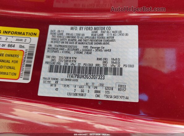 1FATP8UH2G5207323 2016 FORD MUSTANG Red Widok komory silnika