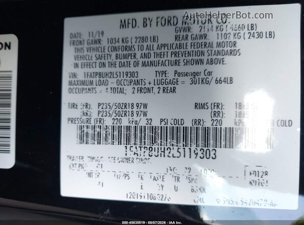 1FATP8UH2L5119303 2020 FORD MUSTANG Black Vista del compartimento del motor
