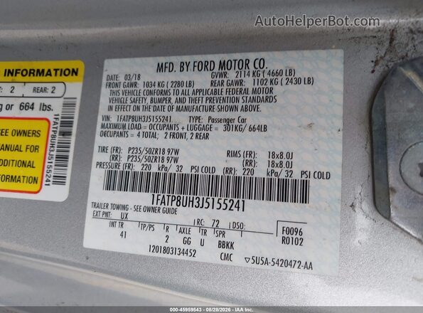 1FATP8UH3J5155241 2018 FORD MUSTANG Серебряный Вид подкапотного пространства