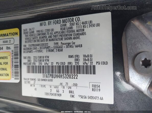 1FATP8UH4H5320322 2017 FORD MUSTANG Серый Вид подкапотного пространства