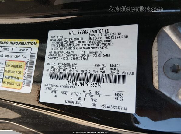 1FATP8UH4J5136214 2018 FORD MUSTANG Black Engine compartment view