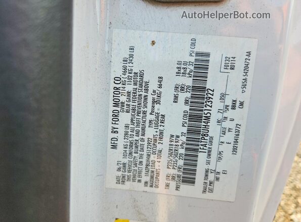 1FATP8UH4M5123922 2021 FORD MUSTANG White Շարժիչի բաժամունքի տեսք