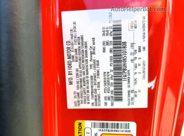 1FATP8UH4N5101808 2022 FORD MUSTANG Red ძრავის განყოფილების ხედი
