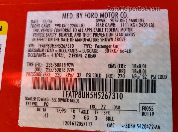 1FATP8UH5H5267310 2017 FORD MUSTANG Red Widok komory silnika