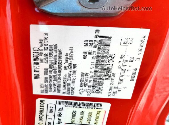 1FATP8UH5L5137696 2020 FORD MUSTANG Red Widok naklejki z numerem VIN
