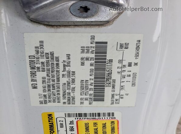 1FATP8UH6J5111766 2018 FORD MUSTANG White VIN կոդի պիտակի տեսք