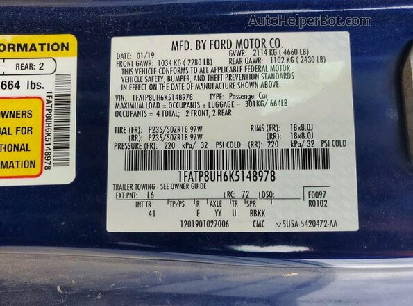 1FATP8UH6K5148978 2019 FORD MUSTANG Blue Շարժիչի բաժամունքի տեսք