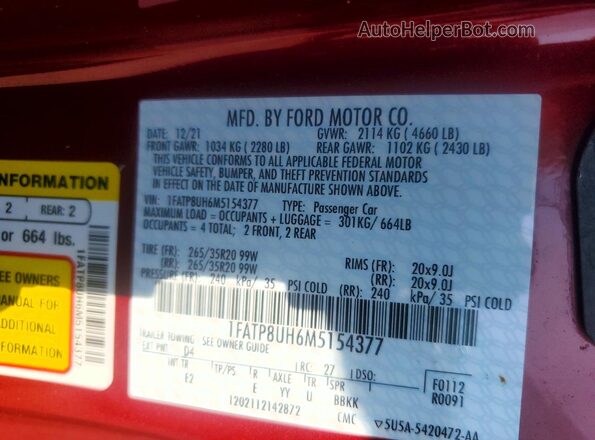 1FATP8UH6M5154377 2021 FORD MUSTANG Burgundy Vista del compartimento del motor