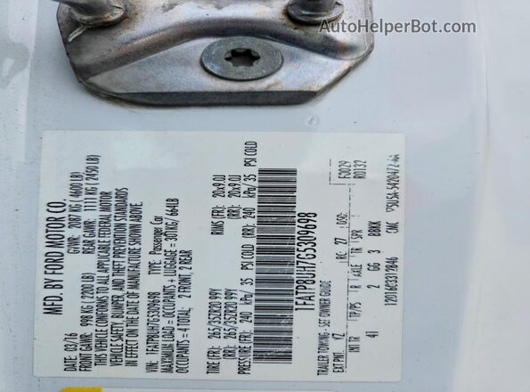 1FATP8UH7G5309698 2016 FORD MUSTANG White Widok naklejki z numerem VIN