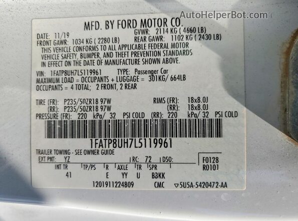 1FATP8UH7L5119961 2020 FORD MUSTANG Белый Вид наклейки с VIN-кодом