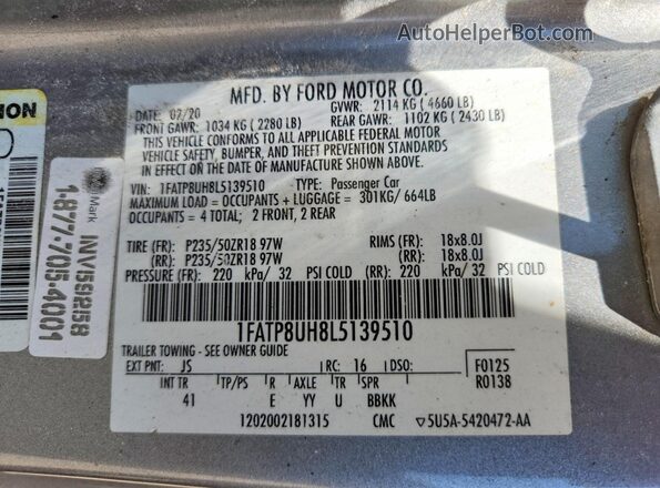1FATP8UH8L5139510 2020 FORD MUSTANG Silver Widok naklejki z numerem VIN
