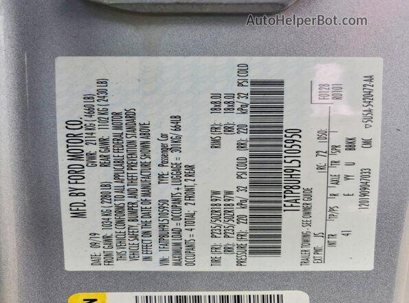 1FATP8UH9L5105950 2020 FORD MUSTANG Silver Vista de la etiqueta del VIN