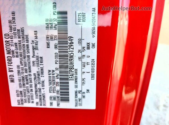 1FATP8UH9M5129649 2021 FORD MUSTANG Red Widok komory silnika