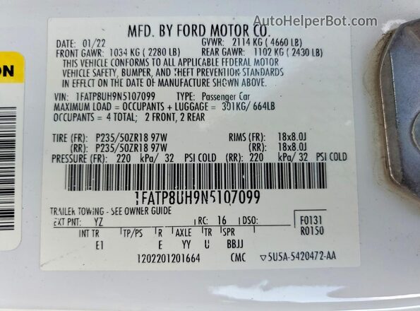 1FATP8UH9N5107099 2022 FORD MUSTANG White Widok komory silnika