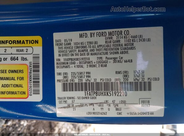 1FATP8UHXK5192210 2019 FORD MUSTANG Blue Շարժիչի բաժամունքի տեսք
