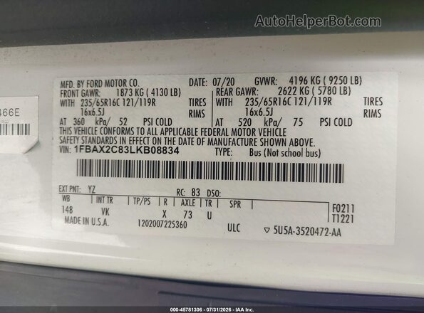 1FBAX2C83LKB08834 2020 FORD TRANSIT-350 White ძრავის განყოფილების ხედი