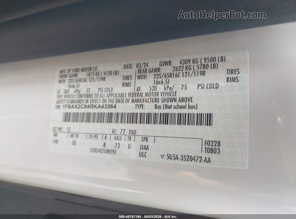 1FBAX2C84RKA43064 2024 FORD TRANSIT-350 White Engine compartment view