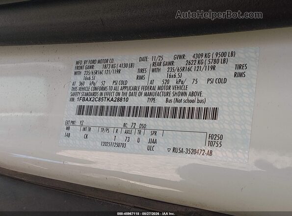 1FBAX2C85TKA28810 2026 FORD TRANSIT-350 White Вид наклейки з VIN-кодом
