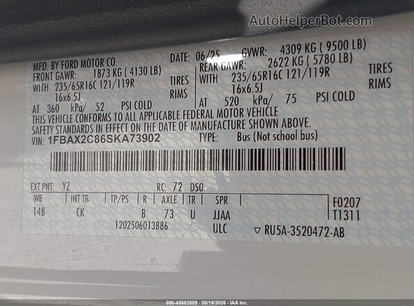1FBAX2C86SKA73902 2025 FORD TRANSIT-350 White Vista del compartimento del motor