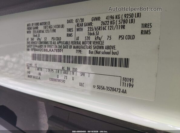 1FBAX2C88LKA79301 2020 FORD TRANSIT-350 White Engine compartment view