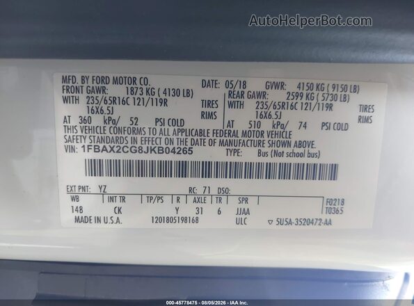 1FBAX2CG8JKB04265 2018 FORD TRANSIT-350 White Widok komory silnika