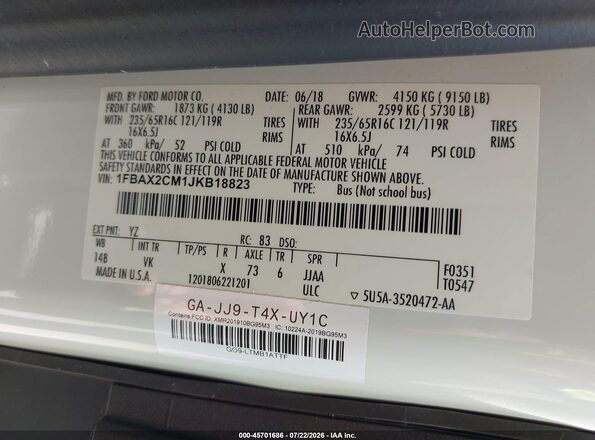 1FBAX2CM1JKB18823 2018 FORD TRANSIT-350 White Vista del compartimento del motor