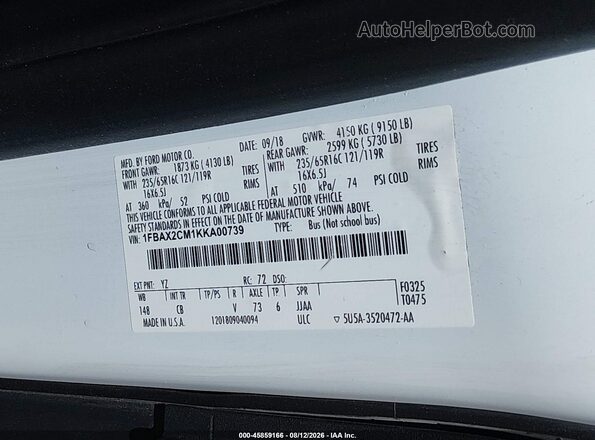 1FBAX2CM1KKA00739 2019 FORD TRANSIT-350 White Widok komory silnika