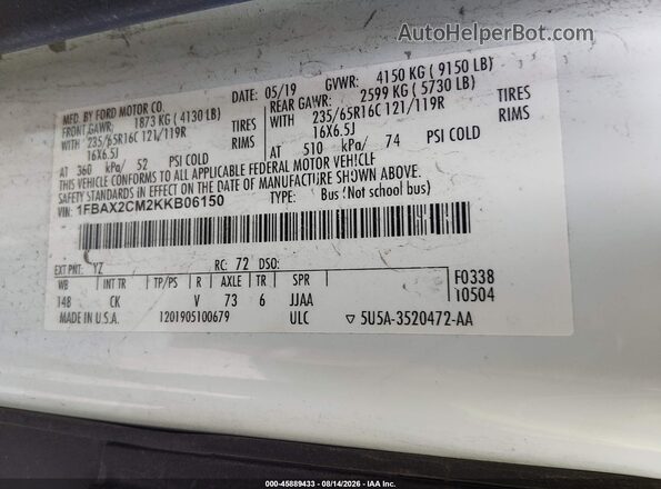 1FBAX2CM2KKB06150 2019 FORD TRANSIT-350 White Vista del compartimento del motor