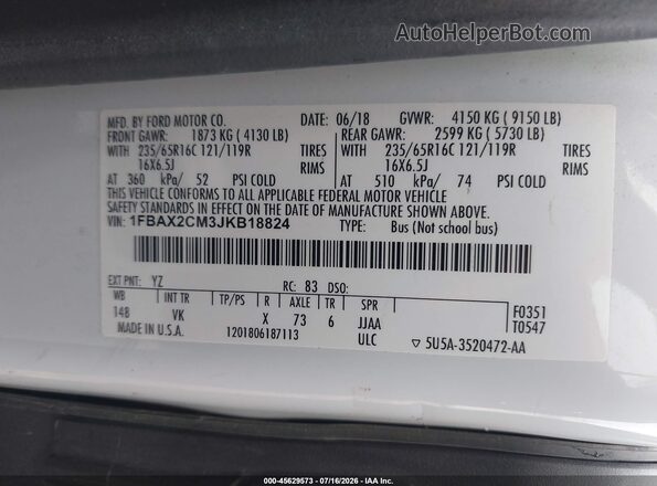 1FBAX2CM3JKB18824 2018 FORD TRANSIT-350 White Widok komory silnika