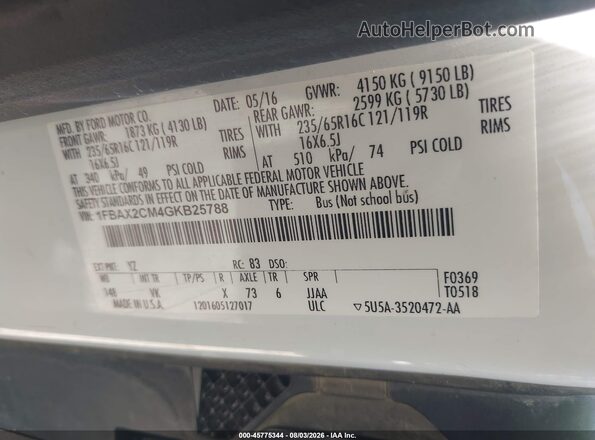 1FBAX2CM4GKB25788 2016 FORD TRANSIT-350 White Widok komory silnika