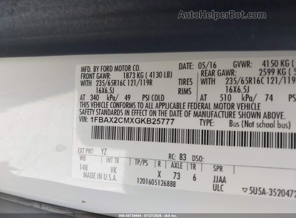 1FBAX2CMXGKB25777 2016 FORD TRANSIT-350 White Widok komory silnika