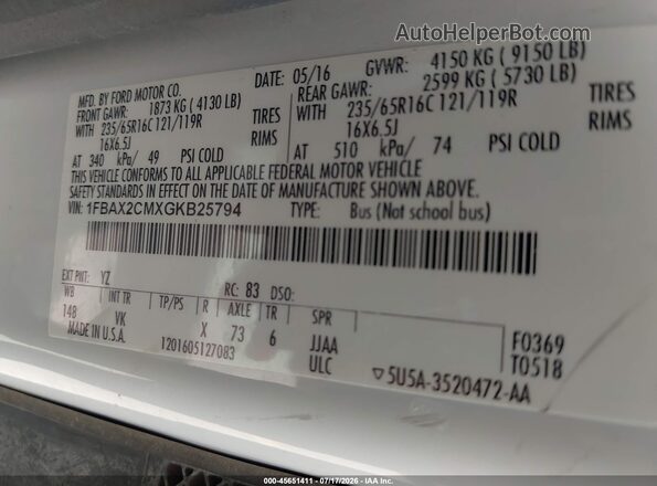 1FBAX2CMXGKB25794 2016 FORD TRANSIT-350 White Вид підкапотного простору