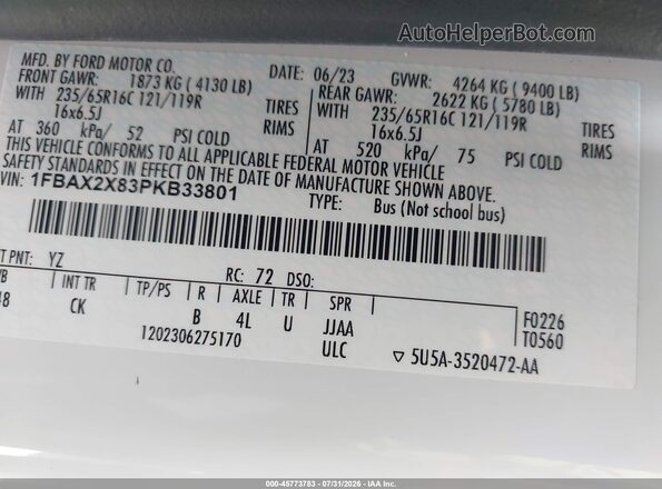 1FBAX2X83PKB33801 2023 FORD TRANSIT-350 White Widok komory silnika
