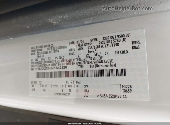 1FBAX2X86RKA42220 2024 FORD TRANSIT-350 Белый Вид подкапотного пространства