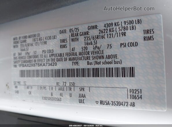 1FBAX2X87SKA73420 2025 FORD TRANSIT-350 White Widok komory silnika