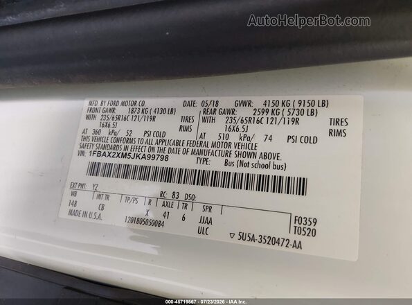 1FBAX2XM5JKA99798 2018 FORD TRANSIT-350 White Widok komory silnika