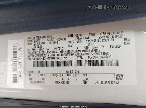 1FBAX2XM7HKB26672 2017 FORD TRANSIT-350 White Vista del compartimento del motor