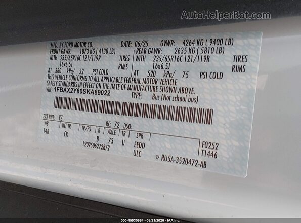 1FBAX2Y80SKA89022 2025 FORD TRANSIT-350 White VIN კოდის სტიკერის ხედი