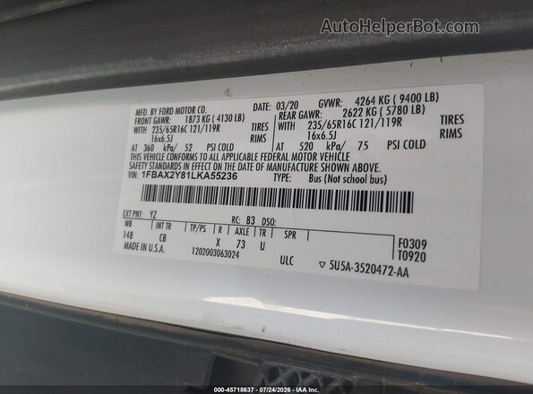 1FBAX2Y81LKA55236 2020 FORD TRANSIT-350 White Vista del compartimento del motor