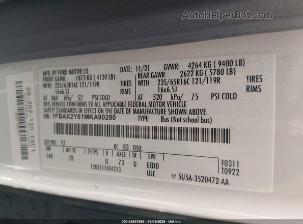 1FBAX2Y81MKA90280 2021 FORD TRANSIT-350 White Вид підкапотного простору