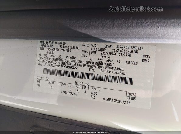 1FBAX2Y81MKA90327 2021 FORD TRANSIT-350 White Widok komory silnika