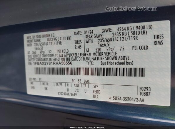 1FBAX2Y81RKA56556 2024 FORD TRANSIT-350 Blue ძრავის განყოფილების ხედი