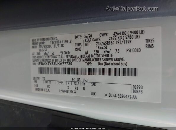 1FBAX2Y82LKA77729 2020 FORD TRANSIT-350 White Widok komory silnika