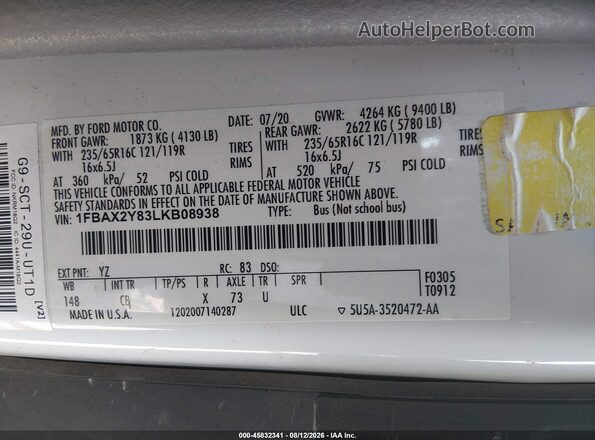 1FBAX2Y83LKB08938 2020 FORD TRANSIT-350 White Vista del compartimento del motor