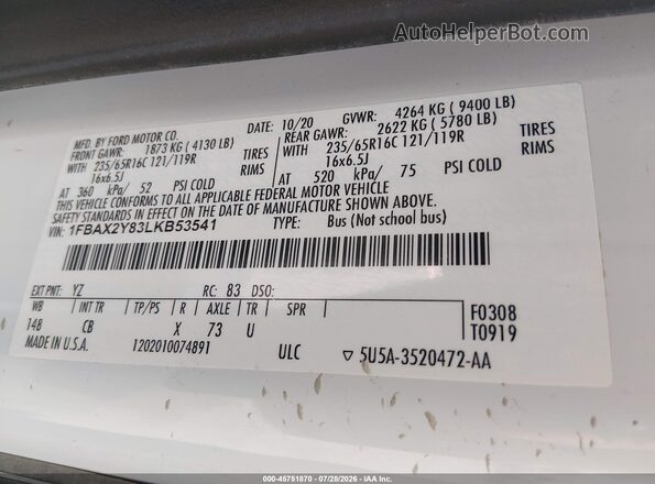 1FBAX2Y83LKB53541 2020 FORD TRANSIT-350 White Vista del compartimento del motor