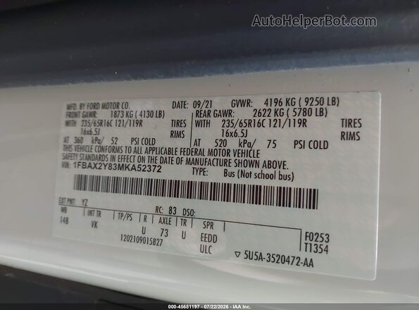 1FBAX2Y83MKA52372 2021 FORD TRANSIT-350 White Vista del compartimento del motor