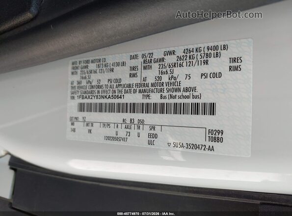 1FBAX2Y83NKA50641 2022 FORD TRANSIT-350 White ძრავის განყოფილების ხედი