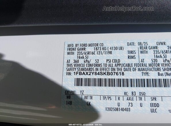 1FBAX2Y84SKB07618 2025 FORD TRANSIT-350 White Вид підкапотного простору