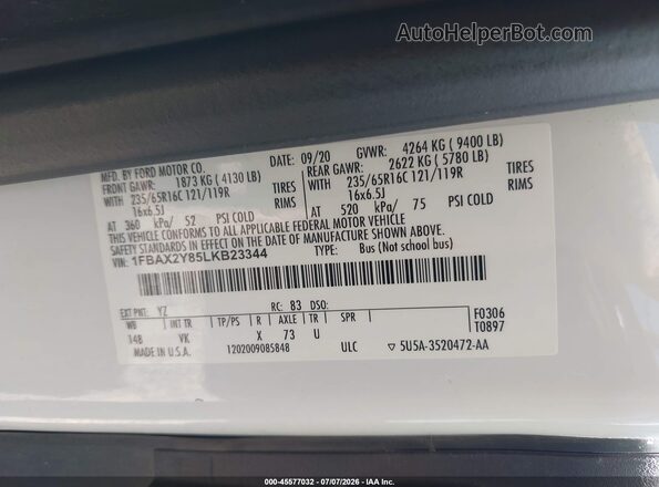 1FBAX2Y85LKB23344 2020 FORD TRANSIT-350 White ძრავის განყოფილების ხედი